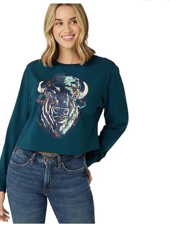Wrangler Tops - WRANGLER Retro Long Sleeve Relaxed Crop Buffalo Shirt Dark Teal Size Medium